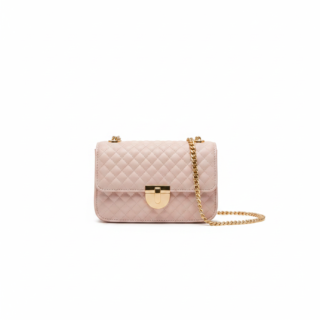 Blush quilted bag white background