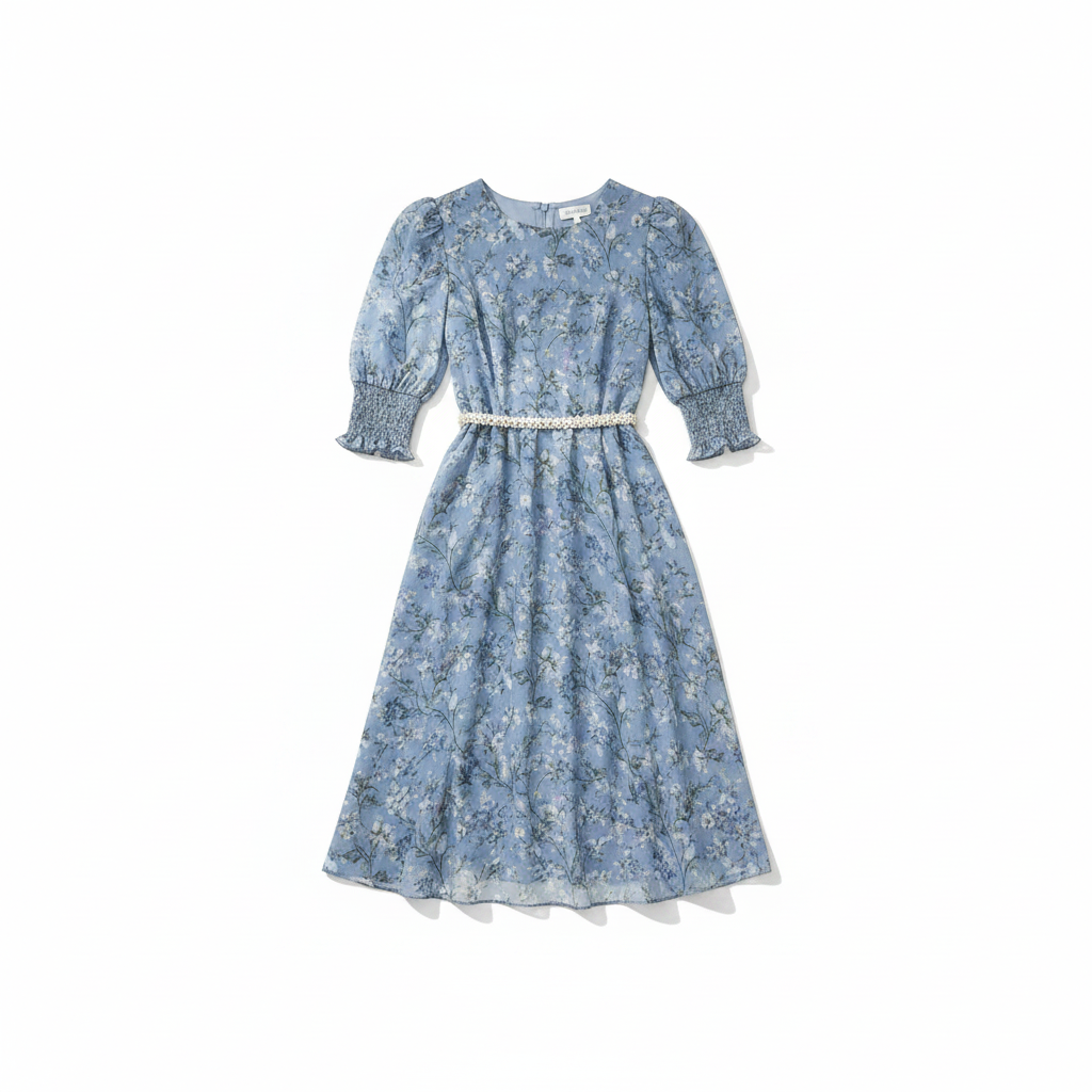 Dusty Blue Floral Dress - White Background