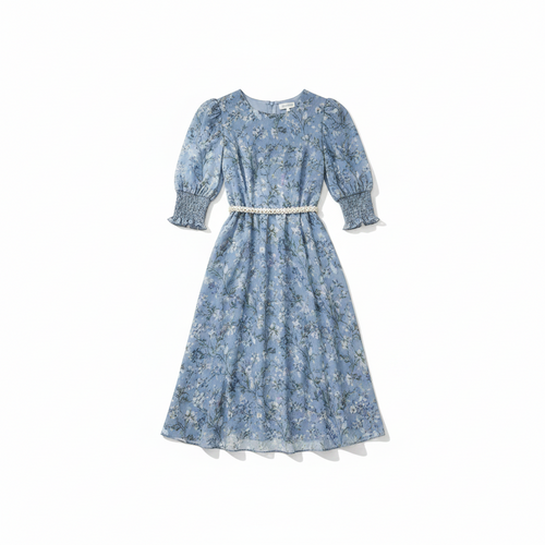 Dusty Blue Floral Dress - White Background