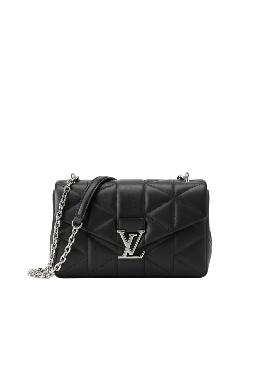 Luxury quilted black leather crossbody bag with silver chain by Veloura