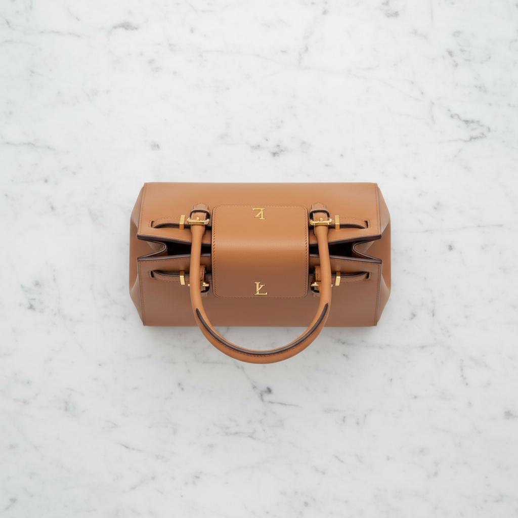 Veloura Camel Tote flat lay on marble