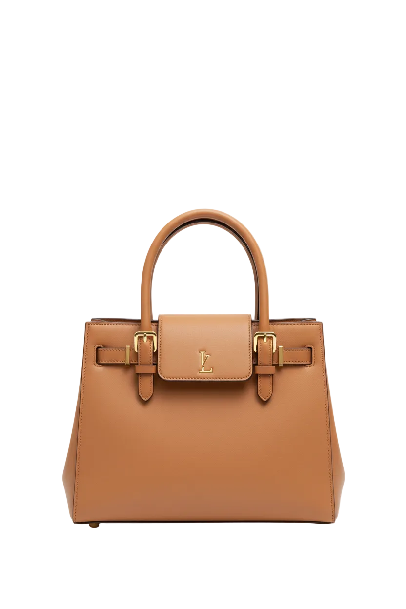 Luxury camel leather tote bag with gold hardware by Veloura
