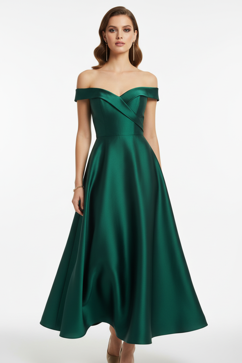 Robe midi élégante vert émeraude épaule dénudée