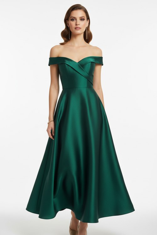 Robe midi élégante vert émeraude épaule dénudée
