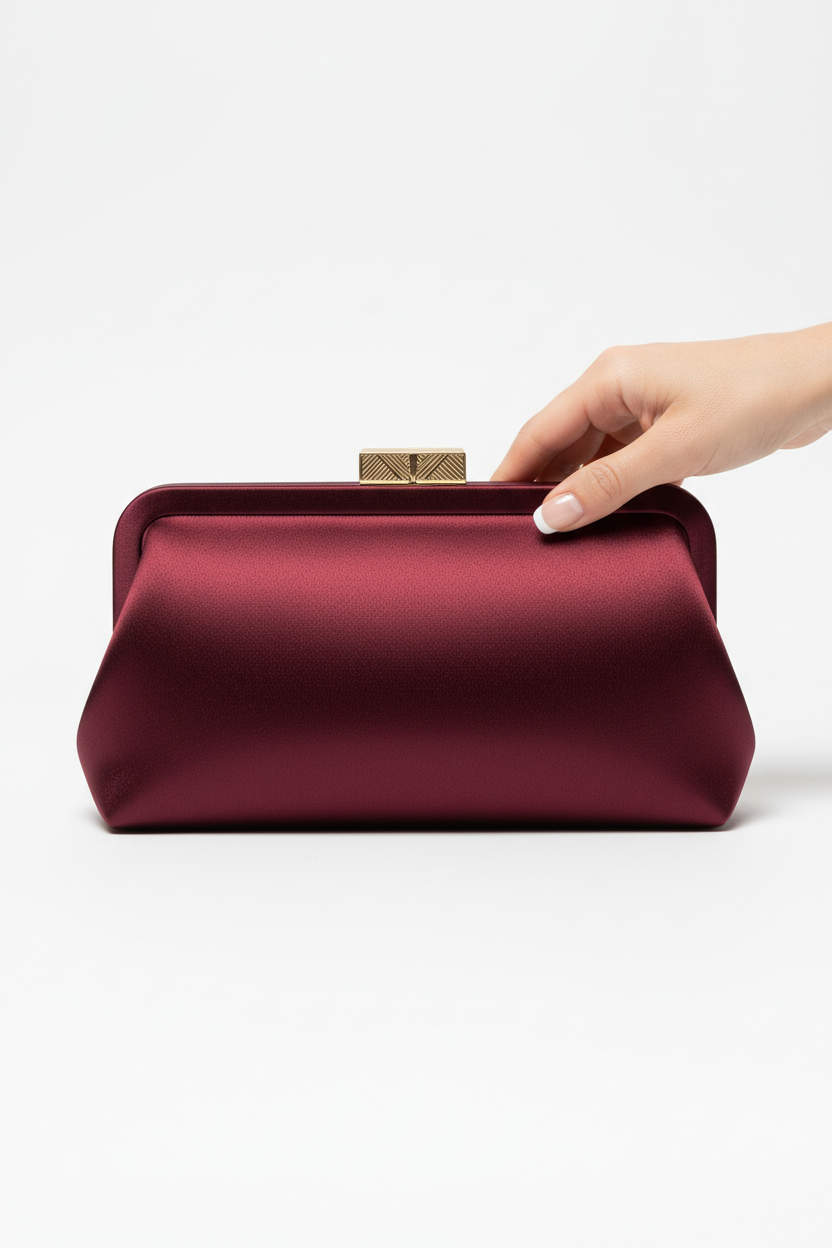 Luxury burgundy satin evening clutch with gold clasp by Veloura