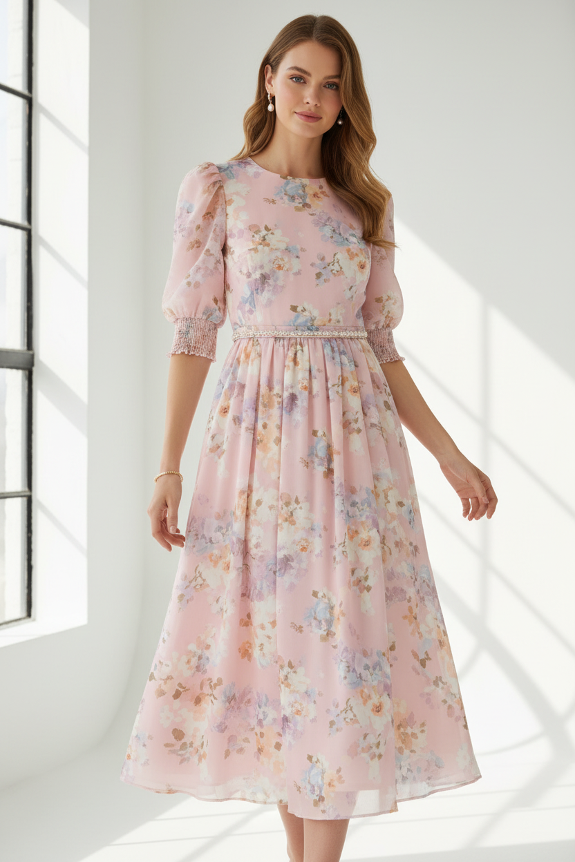 Model wearing pink floral dress