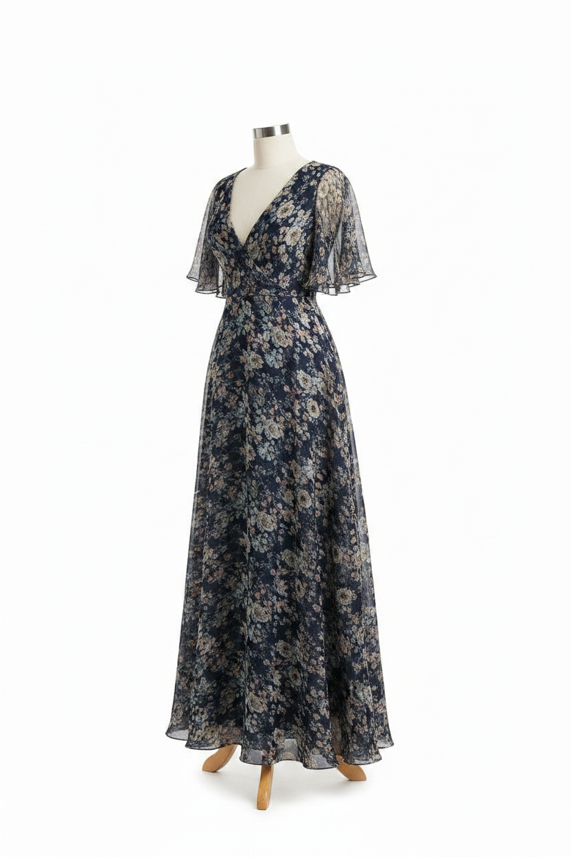 Navy Floral Dress - 3/4 Angle
