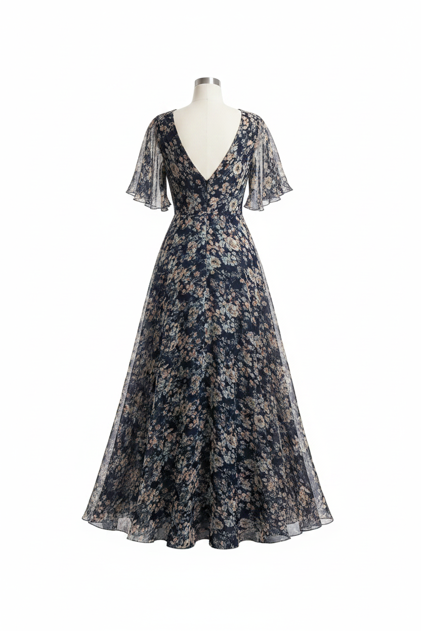 Navy Floral Dress - Back