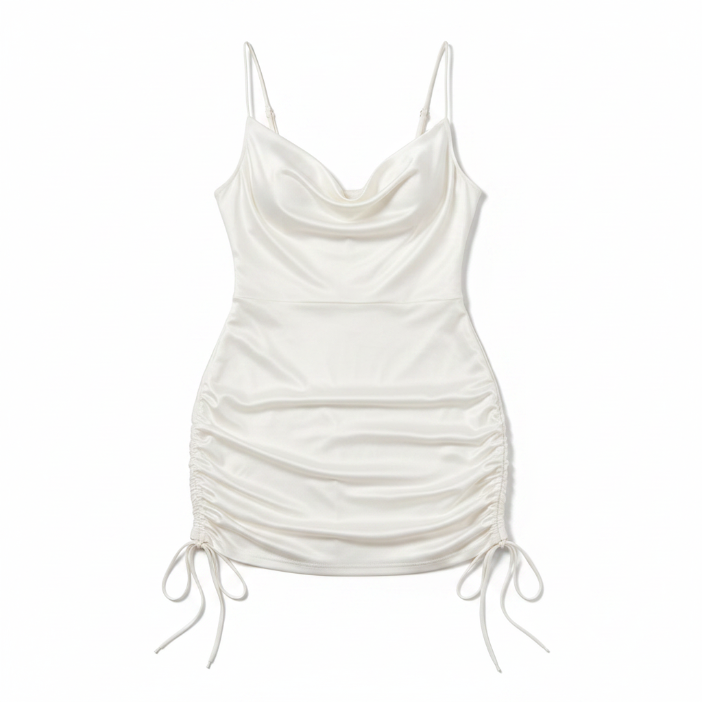 White ruched dress flat lay