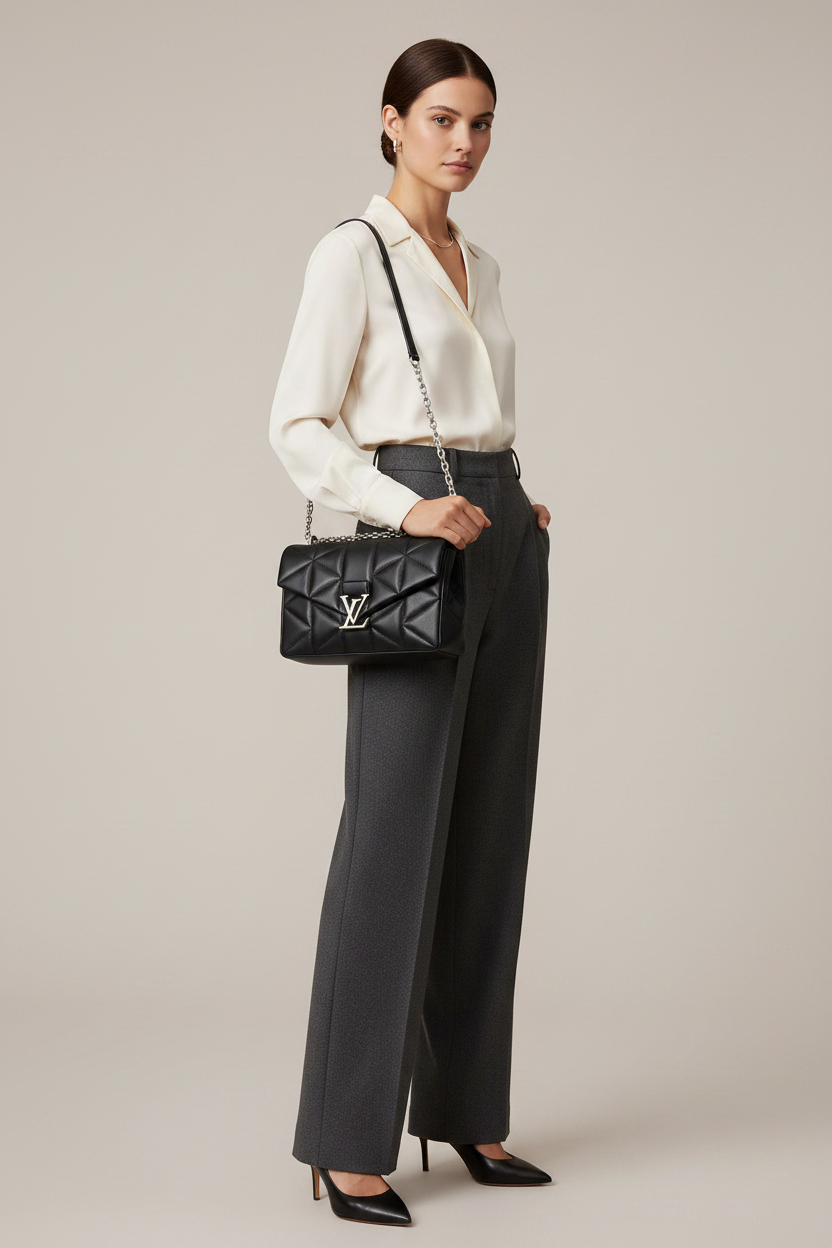 Woman holding bag - front angle