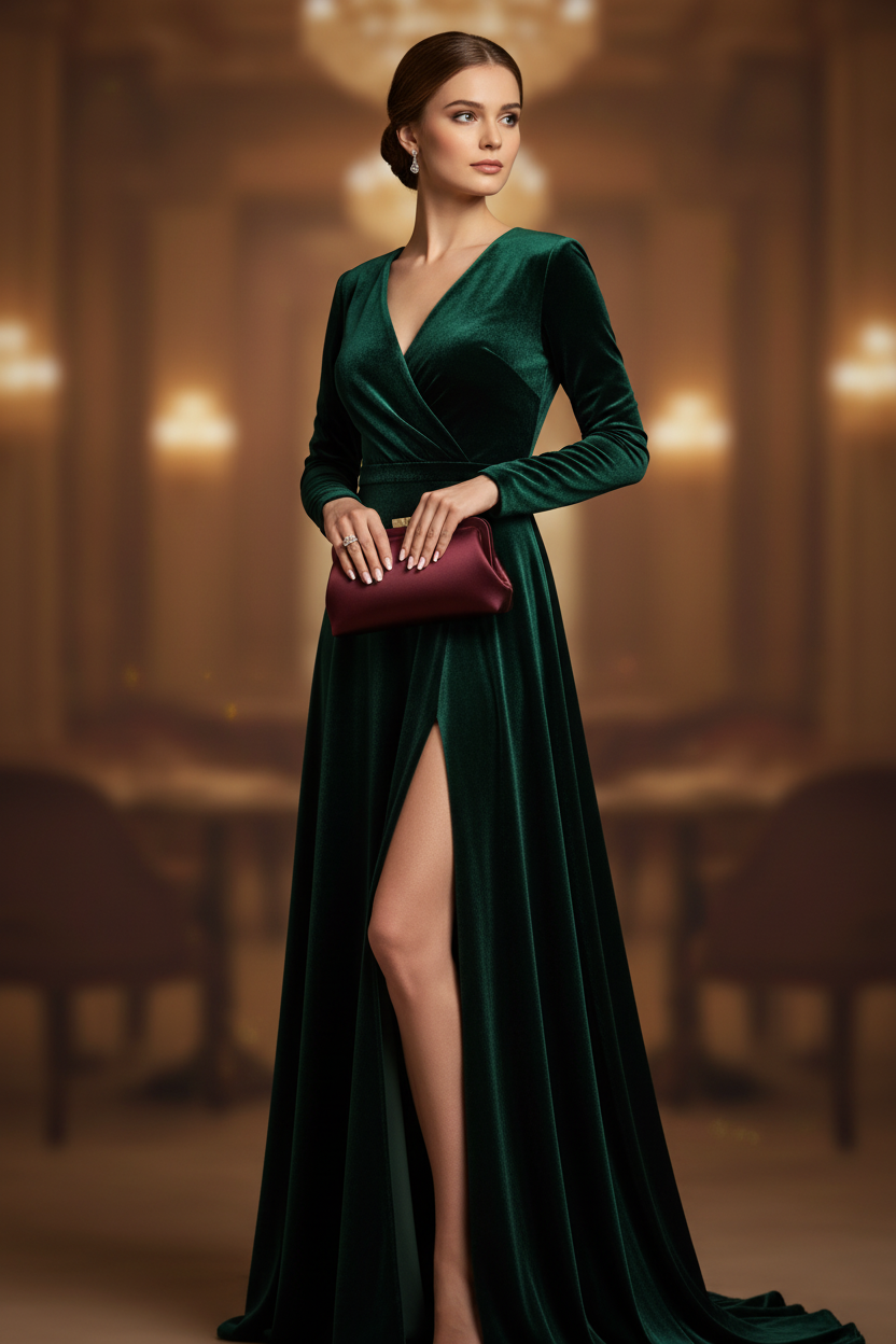 Woman holding burgundy clutch