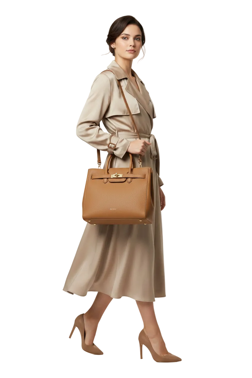Woman with camel tote bag